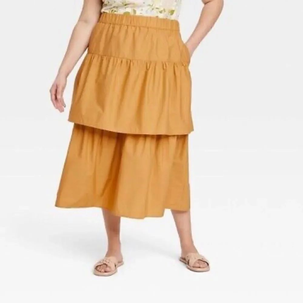 Who What Wear 4X midi ruffled tier skirt mustard